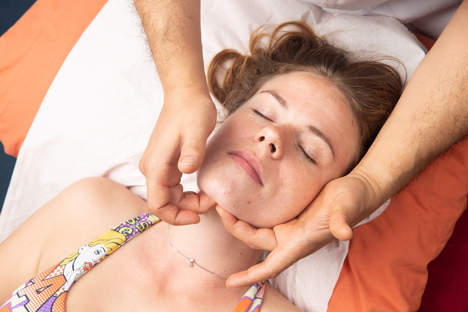 A woman receives treatment.