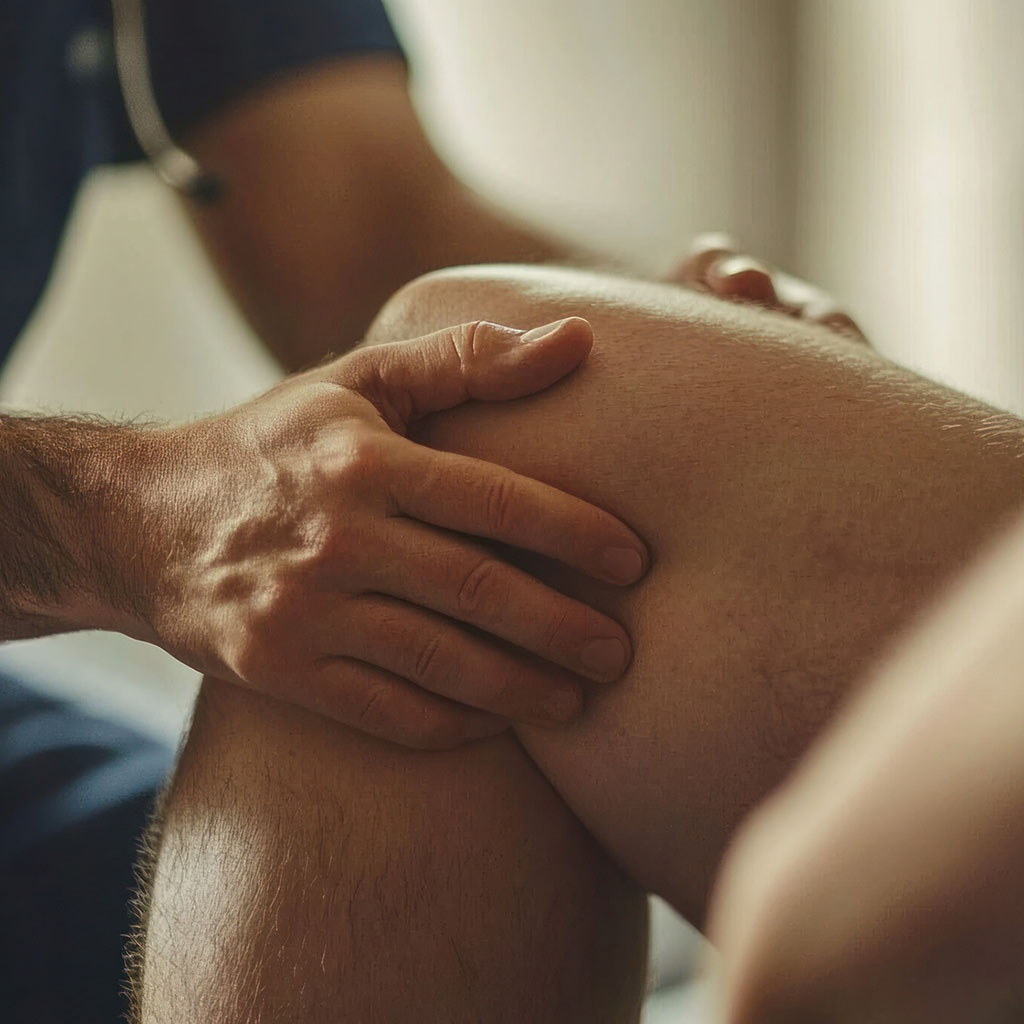 a medical professional holding a patient's leg