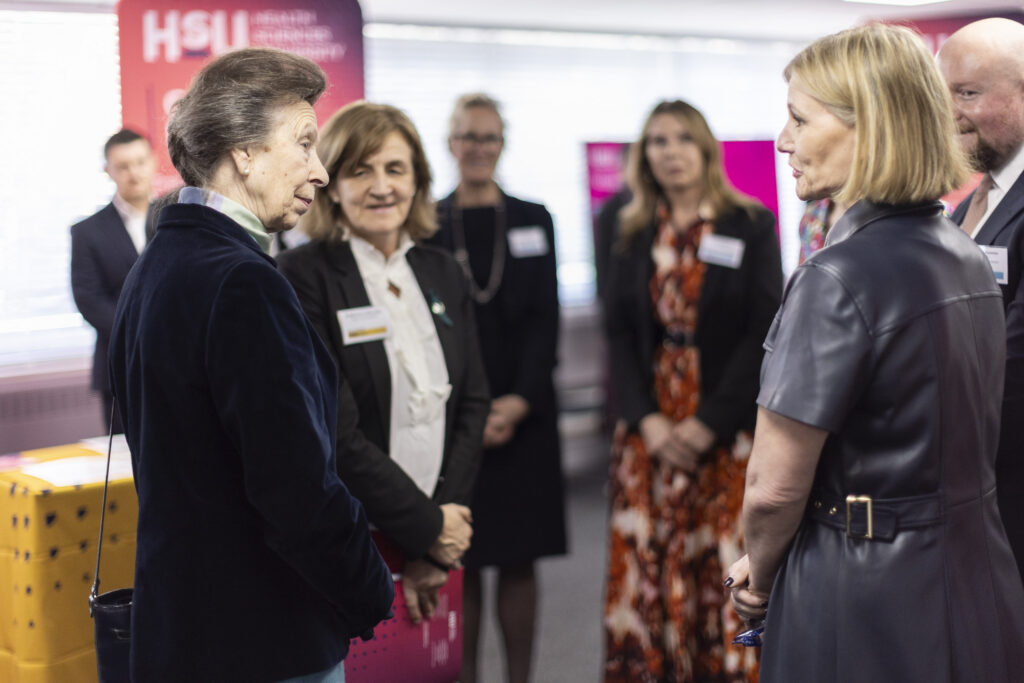 Her Royal Highness Princess Anne talks to Vice Chancellor Lesley Haig and Deputy Vice Chancellor Sharon Potter. 