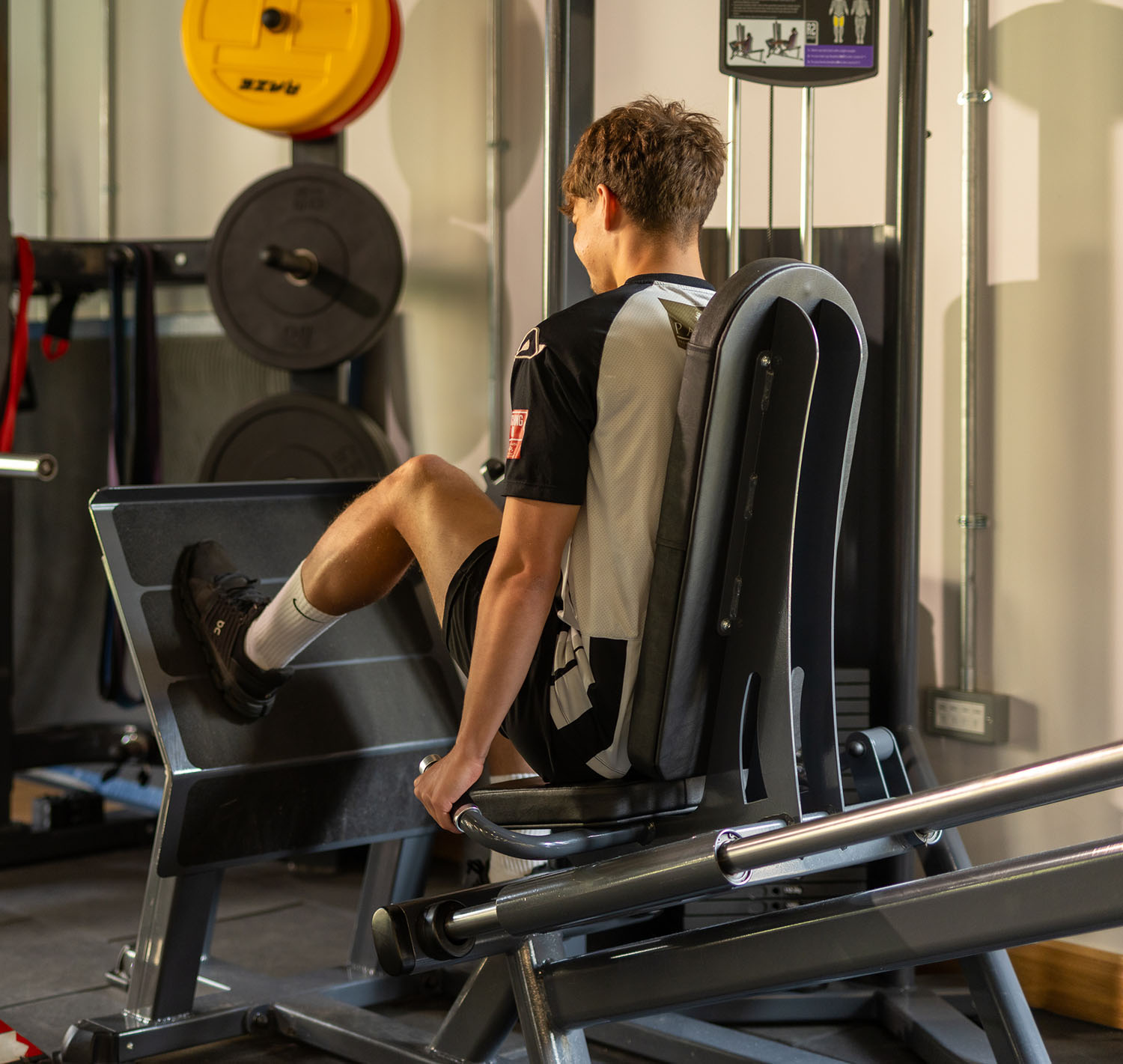 A leg press being used