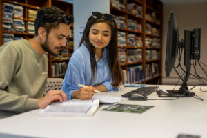 Students working in the library.
