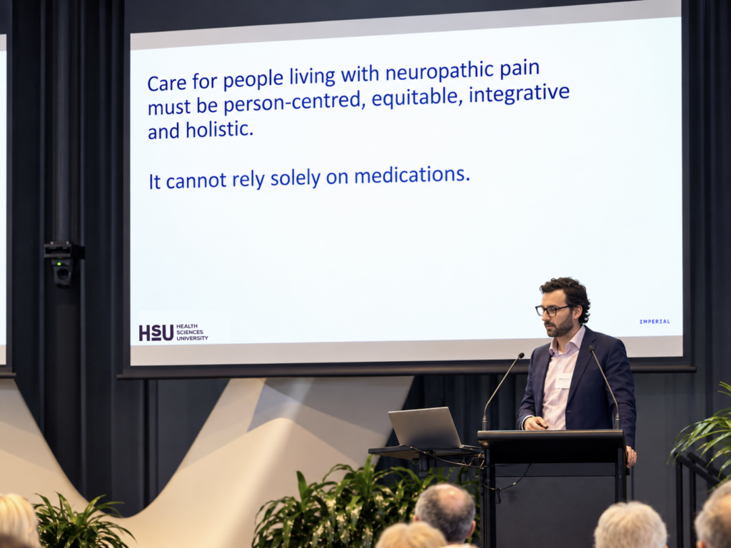 Chief Investigator Dr David Hohenschurz-Schmidt, speaking at the British Pain Society in February 2026