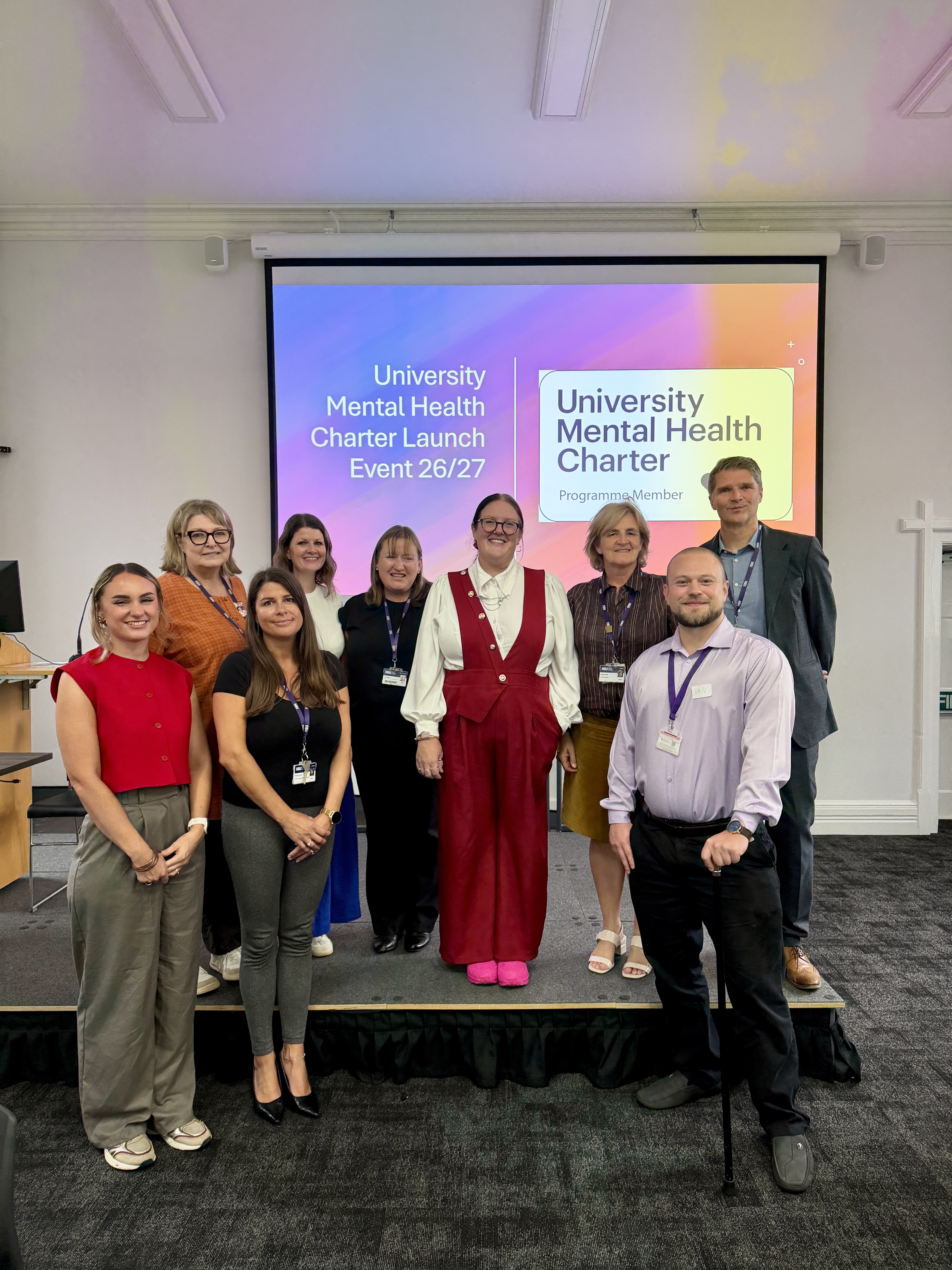 Professor Lesley Haig, HSU's Vice-Chancellor, with University Mental Health Charter Domain Leads and a representative from BCHA's University Front Room at the Bournemouth Campus.